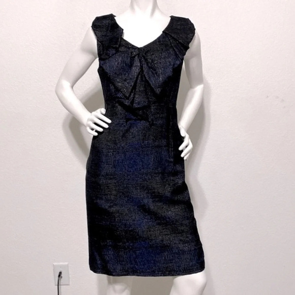 Hanii Y Ruffled Metallic Sheath Knee Length Sleeveless Dress Blue & Black Sz.40 - Picture 1 of 10
